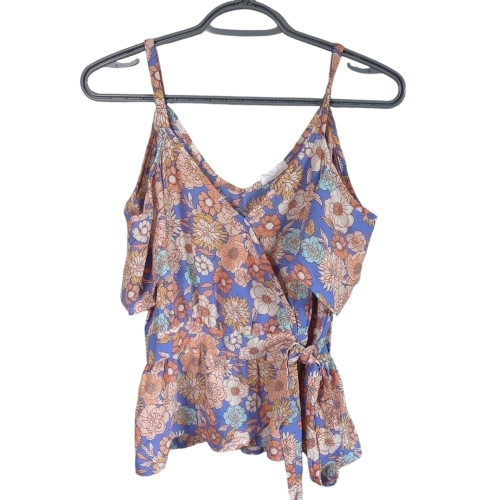 Sienna Sky Exposed Shoulder Blouse Blue And Orange Floral With Tie Front S Retro